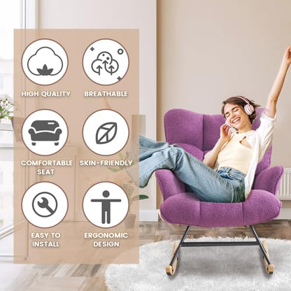 Rocking Chair Nursery Teddy Upholstered Glider Rocker Rocking Accent Chair Padded Seat with High Backrest Armchair Comfy Side Chair for Living Room Bedroom Offices (Purple Teddy) - color: Grape Purple