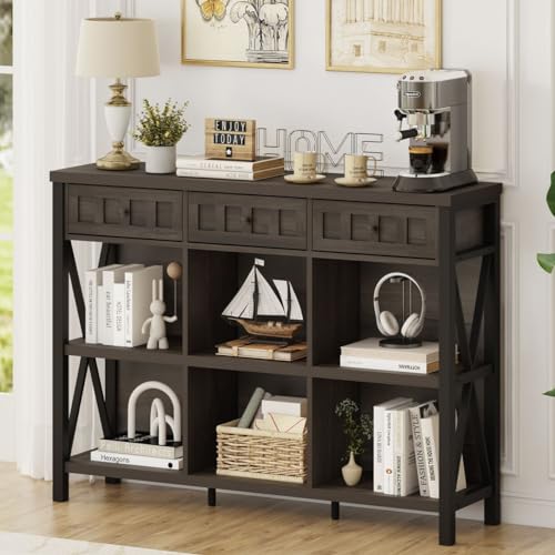 Rustic 6 Cube Storage Organizer Bookshelf with 3 Drawers, Short Low Horizontal Bookshelf for Living Room, Industrial Wood and Metal Cubby Bookcase for Home Office (Walnut Brown, 47 Inch) - color: Walnut Brown, size: With Drawer