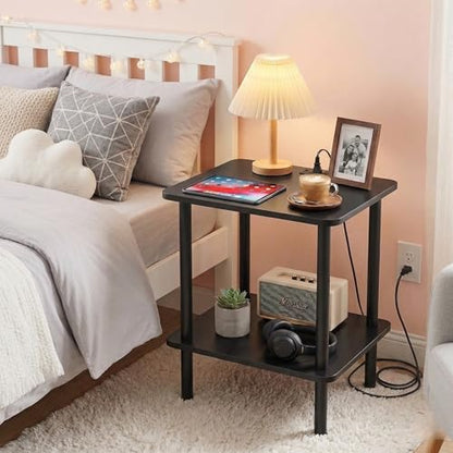FORAOFUR Black Narrow End Table with Charging Station, 2 Tier Coffee Table | Ultra-narrow 11.8" width fits tight spaces, USB & outlets, sleek black finish, sturdy MDF build, assembles in 15 mins - color: Black