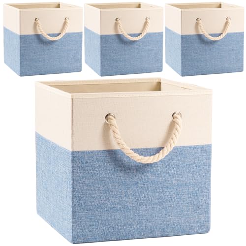 Large Foldable Cube Storage Bins 11x11 inch [4-Pack] Fabric Linen Storage Baskets Cubes Drawer with Cotton Handles Organizer for Shelves Nursery Closet Bedroom Beige/Blue - color: Beige/Blue, size: 11x11 inch(4-Pack)