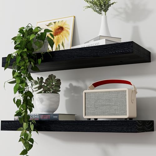 Floating Shelves, 2 Pack 8 Inch Deep Modern Solid Wood Wall Shelves for Storage, Wall Mounted Display Shelving with Invisible Heavy-Duty Metal Bracket, 24" W x 8" D x 1.6" H, Distressed Black - color: Distressed Black, size: 24" W, 2-Pack