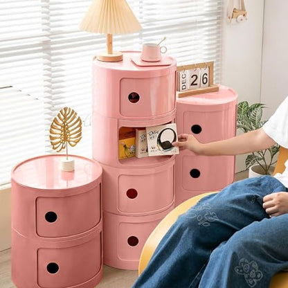3 Tier Round Nightstand with Drawer, Pink Round Side Table Small Plastic Storage End Table for Bedroom, Living Room, Bathroom - color: Pink