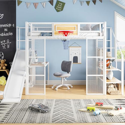 LUMISOL Full Size Loft Bed with Desk and Stairs, Heavy Duty Metal Loft Bed Frame with Storage Shelves and Basketball Hoop, Noise Free, No Box Spring Needed, White - color: White, size: Full with Slide