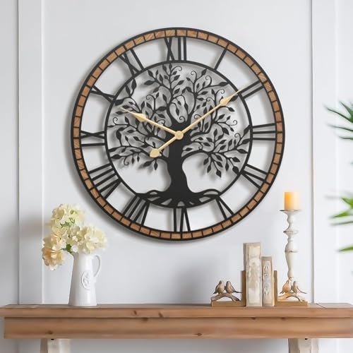 Micasso Large Wall Clock Decorative: 27 Inch Tree of Life Battery Operated | Modern Farmhouse Metal Wood Frame - Roman Numeral Clocks for Living Room/Home Office - Ideal for Master Bedroom Accent Walls - color: Tree, size: 27 Inch