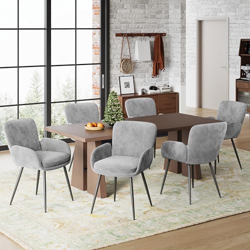 VKNOW Modern Upholstered Dining Chairs Set of 6 with Armrest, Grey | Armed Dining Room Chairs with Metal Legs, Kitchen Chairs for Restaurant Kitchen Living Room - color: Grey, size: Set of 6