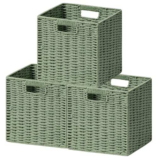 UBBCARE 3 Pack Wicker Basket, 11L×11H×10.5W inch Woven Paper Rope Storage Baskets for Shelves, Foldable Cube Storage bin with Handle, Storage Basket for Organizing & Decor, Green - color: Green, size: Cube-3pack 11"×11"×10.5"