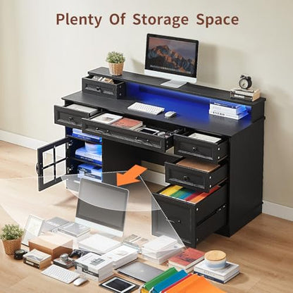 HAUOMS Farmhouse Executive Desk Computer Desk with Drawers，Black | Executive Office Desk with File Drawers, Power Outlet, Led Lights, Storage Cabinet and Monitor Shelf for Home Office - color: Black