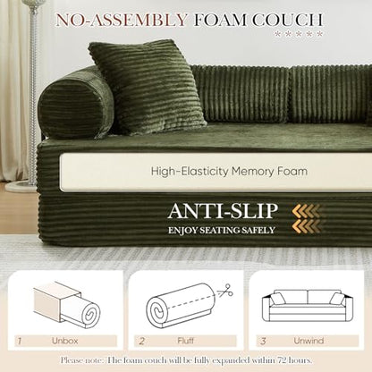Antetek Modular Couch Bed, Convertible Folding Plush Corduroy Comfy Floor Compression Loveseat Sleeper Sofa Couch, King Size Bed for Guest Room Living Room Bedroom, No Assembly Required, Green