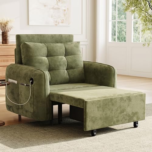 3-in-1 Convertible Sleeper Chair Bed, Multi-Functional Chenille Single Sofa Bed with Storage Pockets and Box, 80" Extra Long Pull Out Sleeping Lounge Chair for Living Room & Apartment (Green,35) - color: Green,35