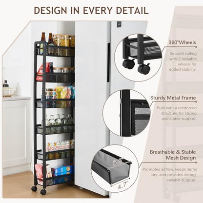 6 Tier Slim Rolling Storage Cart, Kitchen Organizer for Narrow Spaces