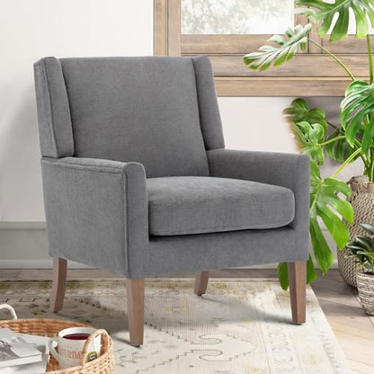 COLAMY Modern Wingback Living Room Chair, Upholstered Fabric Accent Armchair, Single Sofa Chair with Lounge Seat and Wood Legs for Bedroom/Office/Reading Spaces, Gery - color: Grey, size: Set of 1