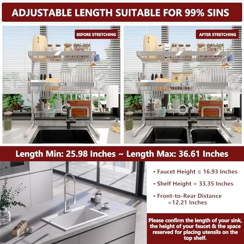 VNKZI Over Sink Dish Drying Rack, 3 Tier Full Stainless Steel Storage Adjustable Length (25.98'' to 36.61'') Kitchen Rack, Multifunctional Expandable Counter Organizer, Space Saver Dish Rack