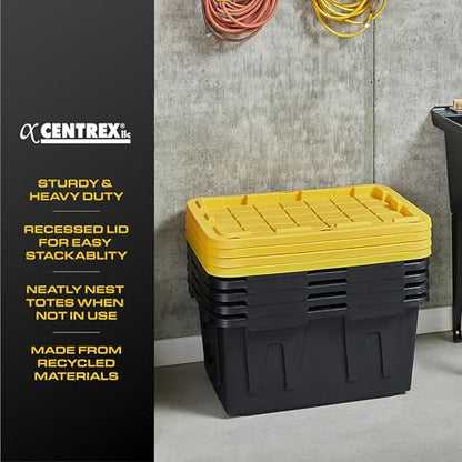 CX Heavy Duty 27-Gallon Stackable Plastic Storage Bins with Lids, 4 Pack | Storage totes for garage organization, Stackable containers, weather-resistant, snap lid, 14.3H x 20.6W x 30.6D, Black/Yellow - size: 27 Gallon
