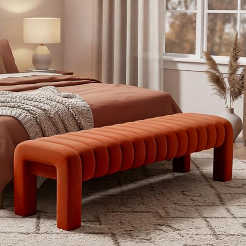 63" Bedroom Bench, Upholstered Entryway Bench, Modern End of Bed Ottoman with Solid Wood Legs and Adjustable Foot Pegs for Entryway, Dining Room and Living Room (Rust Velvet) - color: Rust Velvet, size: 63"