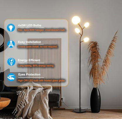 Fiqevs 4 Globe Floor Lamp for Living Room, Mid Modern Standing Tree Lamp | 3000K Warm White Light, 4 LED Bulbs Included, Sphere Ball Frosted Glass Shade Tall Lamp for Bedroom/Office, Matt Black - color: 4 Globe Tree- Black