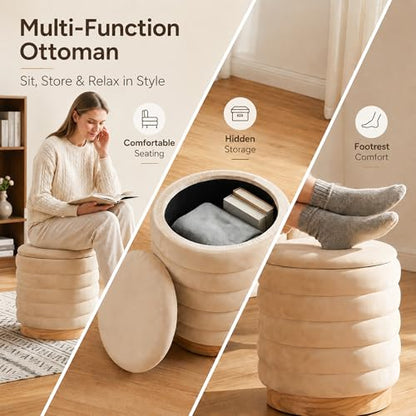 JHY DESIGN Round Ottoman with Storage, 16.5" H Velvet Footstool with Removable Lid & Solid Wood Base – Padded Seat Storage Ottoman for Bedroom, Living Room, Vanity(Cream)