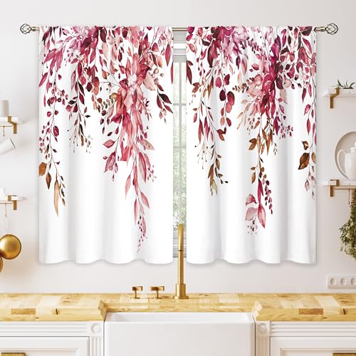 Burgundy Eucalyptus Small Kitchen Curtains Watercolor Red Leaves Window Treatment Flower Floral Plant Botanical Cafe Short Curtains for Bathroom Dining Fall Tier Treatment Drapes 26x24 inch - color: 13 Burgundy, size: 26"W x 24"L (Pack of 2)