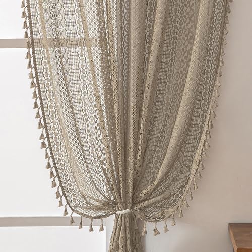 WAZZIO Boho Lace Curtains 45 Inches 2 Panel,Light Filtering Privacy Tassel & Geometry Crochet Semi Sheer Curtain Drapes for Bedroom Living Dining Room,Rod Pocket & Tassel,Earthy Color Taupe - color: Taupe, size: 59"W x 45"L (Pack of 2)