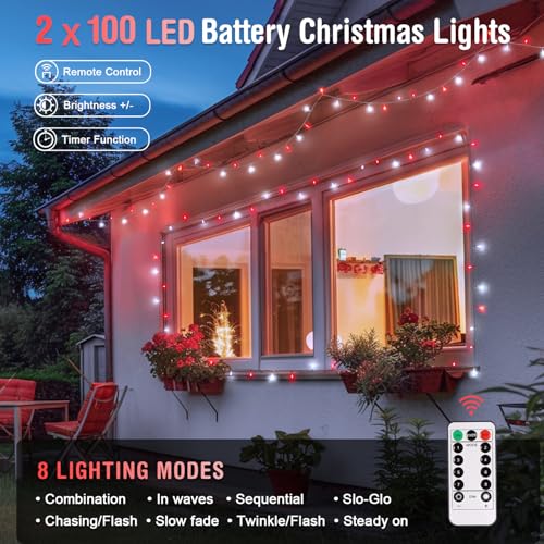 JMEXSUSS 2 Pack Red and White Battery Christmas Lights | Each 33ft 100 LED Battery Powered String Lights with Remote for Tree Patio Yard House Party Birthday Outside - color: Red&White, size: 2*100LED