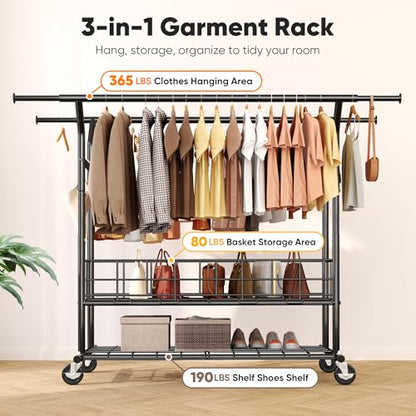 HOKEEPER Clothes Rack Load 635 LBS, Black Double Rod with Metal Basket | Heavy Duty Clothing Rack, Large Storage Space, with Wheels, Easy to Move & Assemble, 5 Years Sweet Service, 21.6"D*71"W*68"H - color: Black