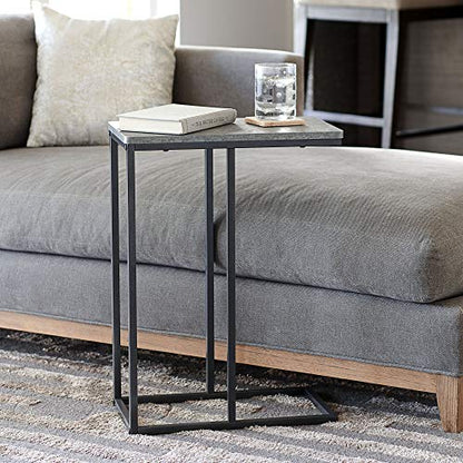 Household Essentials C‑Shaped Side End Table in Rustic Concrete Finish and Black Metal Frame, Slate Finish - color: Slate