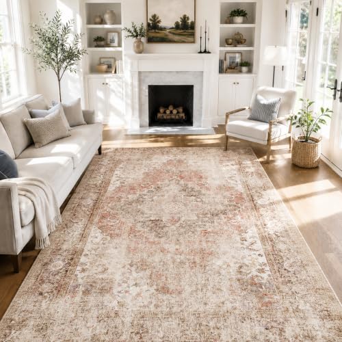 5x7 Area Rug Washable Non-Slip Living Room Rugs,Brown Area Rug | Soft Vintage Distressed Pattern Carpet for Bedroom Dining Room, Foldable Thin Floor Mat for High Traffic Areas - color: Brown, size: 5' x 7' (Rectangular)