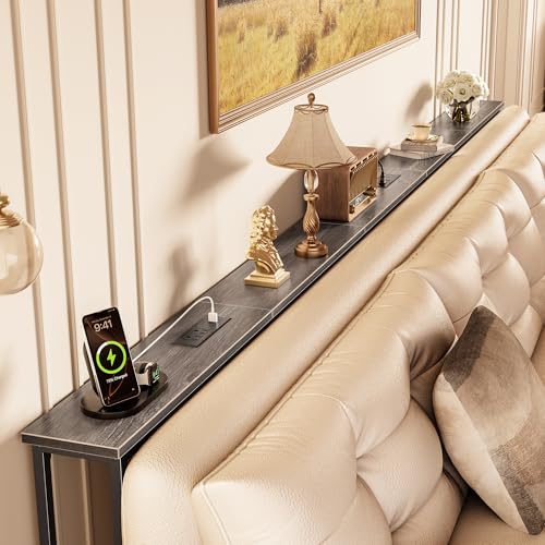 Huuger 110 Inch Sofa Table with Power Outlets, Skinny Behind Couch Table | 5.9 Inch Narrow Entryway Table, Extra-Long Console Table, Behind the Couch Table with Outlet for Living Room, Charcoal Gray - color: Charcoal Grey, size: 5.9"D × 110"W × 29.7"H