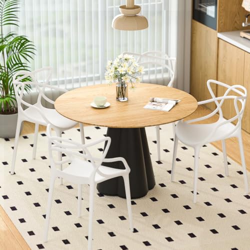 Mid Century Modern Dining Chairs Set of 4, Stackable Kitchen Chairs | Plastic Dining Room Chairs with Contoured Backrest & Wide Seat & Non-Slip Feet for Dining/Kitchen/Living Room, White - color: White