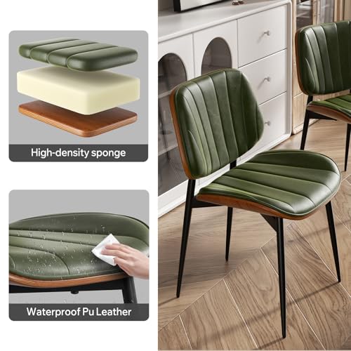 Dining Chairs Set of 4, Mid Century Modern Dining Room Chairs, Upholstered Faux Leather Kitchen Chairs with Walnut Bentwood Back and Metal Legs, Green - color: Green, size: Set of 4