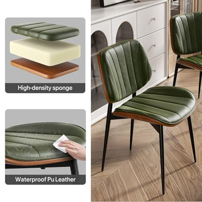 Dining Chairs Set of 4, Mid Century Modern Dining Room Chairs, Upholstered Faux Leather Kitchen Chairs with Walnut Bentwood Back and Metal Legs, Green - color: Green, size: Set of 4