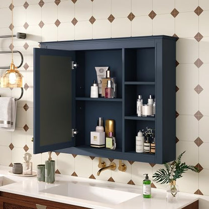 Wall Mounted Medicine Cabinet, Bathroom Storage Cabinet with Mirror Door and 6 Adjustable Open Shelf (7.3" D x 35" W x 27.5" H) (Blue) - color: Blue