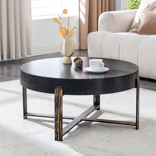 Round Coffee Table, Mid Century Small Coffee Table with Metal Legs, Wood Coffee Table Accent Center Table for Living Room Apartment Small Space (31.5''D-Black) - color: X Black