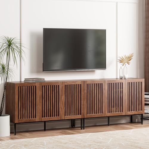 BVIUNTWO Farmhouse TV Stand for TVs up to 100 inch, 2 in 1 Entertainment Center TV Console with Storage Cabinets and Metal Base,Brown Media Console for Living Room - color: Brown, size: 95 inch-6 Door-3+3