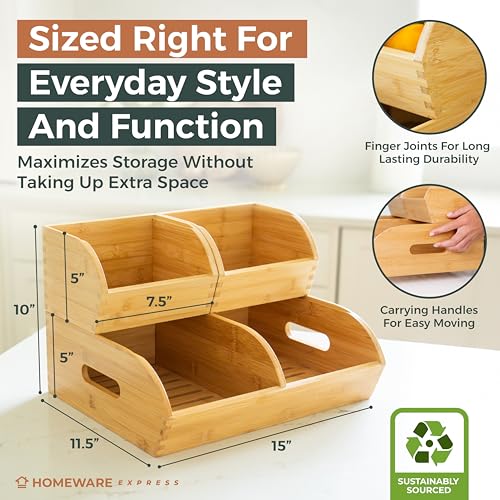 Potato and Onion Storage Bin for Pantry and Kitchen Counter - Ventilated Stackable Bamboo Organizer Baskets with Handles