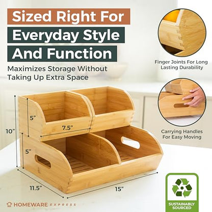 Potato and Onion Storage Bin for Pantry and Kitchen Counter - Ventilated Stackable Bamboo Organizer Baskets with Handles