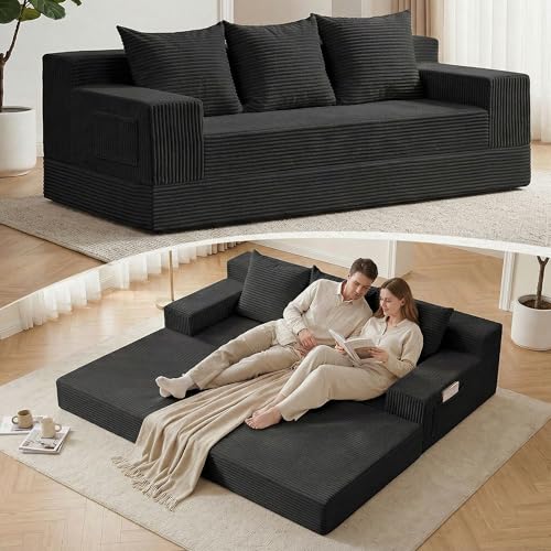 78.5” Convertible Sofa Bed,Corduroy 3 Seater Boneless Couch Bed Futon,Fold Out Couch with 3 Pillows,Loveseat Sleeper with Pull Out Bed for Living Room, Guest,Bedroom,Black - color: Black, size: 78.5inch
