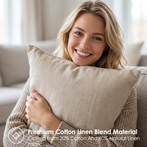 Cotton Linen Throw Pillow Covers 18x18 Inch Nature Linen Set of 2 | Breathable Decorative Cushion Cases with Invisible Zipper - for Boho Farmhouse Decor in Living Room Sofa Couch Bed and Patio - color: Nature Linen, size: 18" x 18" (Pack of 2)
