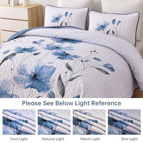 Mybedsoul Full/Queen Quilt Set Blue, 3 Pcs Soft Bedspreads & Coverlets Set | Summer Lightweight Farmhouse Botanical Bedding Set with 2 Shams, Reversible Polyester Coverlet Set for All Seasons, 96"x90" - color: Blue, size: Queen96"x90"
