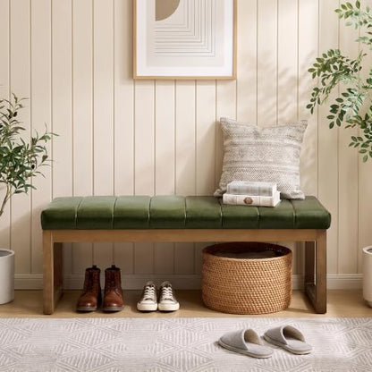 52.7" Bedroom Bench for End of Bed, Faux Leather Entryway Bench (Green-PU) | Modern Upholstered Dining Bench & Footrest Stool Bench with Solid Wood Frame for Bedroom, Living Room - color: Green-pu