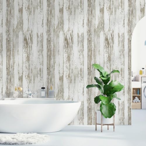 WENMER White and Brown Rustic Wood Grain Wallpaper, 17.3" x 157", Peel and Stick, Waterproof, Multi-Surface Use - size: 197" x 17.3"