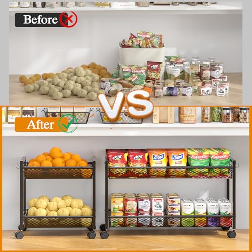 3IngSeagulls 2-Tier Expandable Rolling Pantry Floor Organizer, Stackable Pantry Storage Cart with Wheels, Kitchen Fruit and Vegetable Storage Rack for Onion, Potato, Food, Snacks