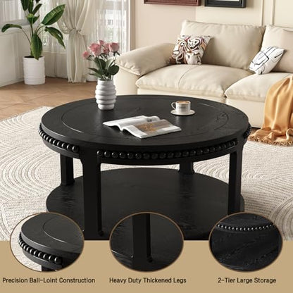 31.5" Round Wood Coffee Table, 2 Tier Modern Center Table,Solid Wood+MDF, Easy Assembly, Accent Table for Living Room, Apartment, Small Space. (Black) - color: Black-m