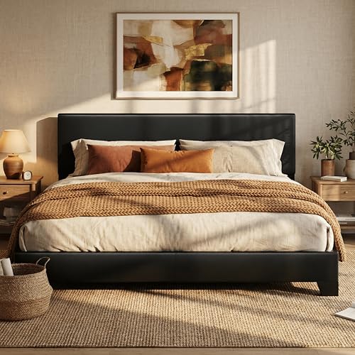 SHA CERLIN PU Leather Upholstered King Size Bed Frame with Headboard,Black | Adjustable Low-Profile Platform Bed, Minimalist Design, Stable Mattress Foundation, Strong Back-Support, No Box Spring Needed - color: Black, size: King