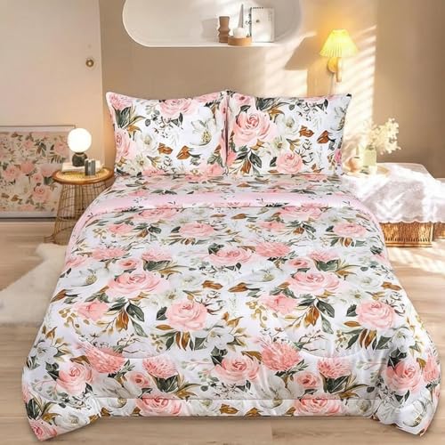 DILIMI Full Size Comforter Set for Girls, Reversible 5 Pieces Full Bedding Set, 5 Pieces Ultra Soft Pink Floral Full Size Bed Comforter Sets with Sheet, Comforter, Flat Sheet, 2 Pillowcase - color: Pink Flower, size: Full
