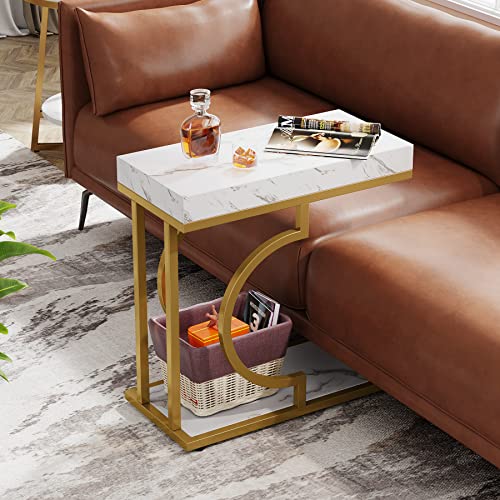 Tribesigns Narrow Side Table Set of 2, C Shaped End Table for Couch, White Gold Modern Bedside Tables with Metal Frame, Small Sofa Tables for Small Spaces, Living Rooms (2, White+Gold) - color: White+gold