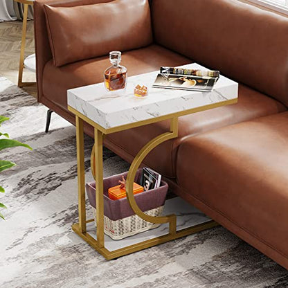 Tribesigns Narrow Side Table Set of 2, C Shaped End Table for Couch, White Gold Modern Bedside Tables with Metal Frame, Small Sofa Tables for Small Spaces, Living Rooms (2, White+Gold) - color: White+gold