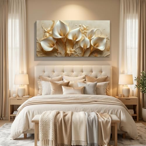 ZESTRILIA Golden White Calla Lily Canvas Wall Art, Luxury Floral Gilded Print, Modern Glam Minimalist Home Interior Decor for Living Room Bedroom Office (40x20 Inch) - color: Golden Calla Lilies