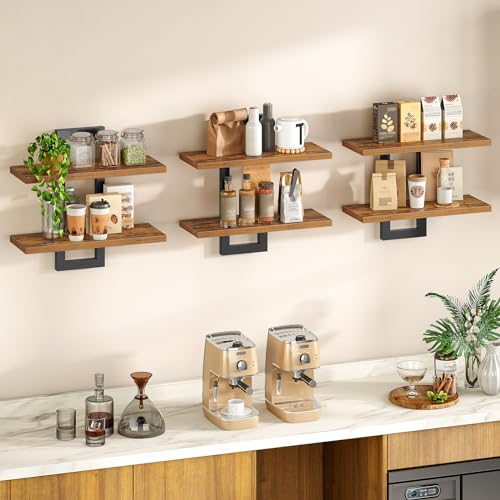 HOOBRO Floating Shelves, 15 Inch Wall Shelf Set of 3, Wall Mounted Storage Shelves 2-Tier, Hanging Bathroom Shelves, for Living Room, Bedroom, Bathroom, Kitchen, Rustic Brown and Black BF32BJP301 - color: Rustic Brown + Black