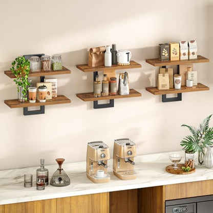 HOOBRO Floating Shelves, 15 Inch Wall Shelf Set of 3, Wall Mounted Storage Shelves 2-Tier, Hanging Bathroom Shelves, for Living Room, Bedroom, Bathroom, Kitchen, Rustic Brown and Black BF32BJP301 - color: Rustic Brown + Black