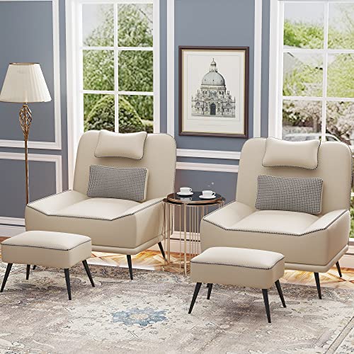 Faux Leather Accent Chair with Ottoman, Modern Upholstered Large Sofa Chair for Living Room Bedroom Lounge Chair Armless Accent Chair and Ottoman Set Beige - color: Beige